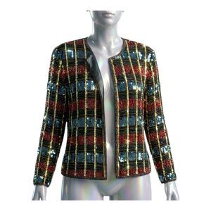 90s Papell Boutique Silk Beaded Jacket Power Shoulder Jeweled Patchwork Sequin